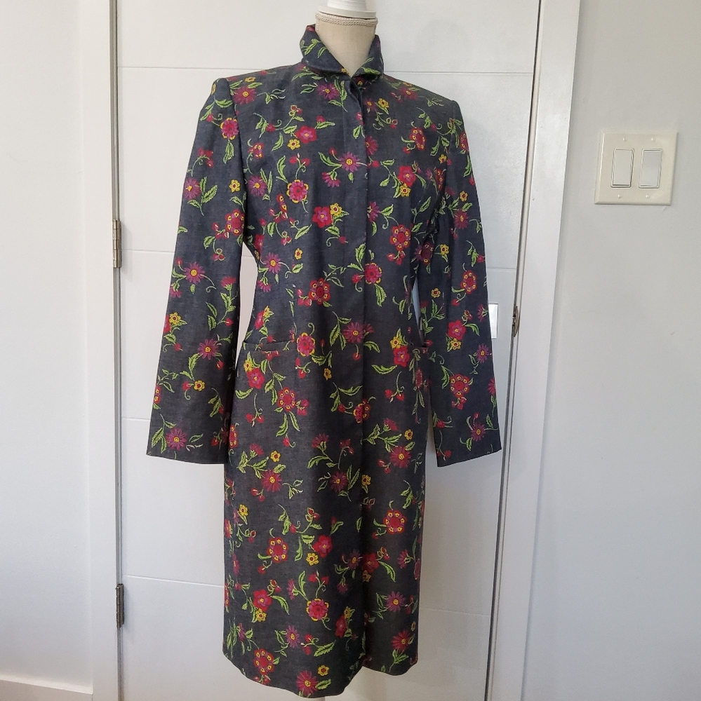 BANU Paris Vintage Floral Denim Coat Longline Jacket Size 6